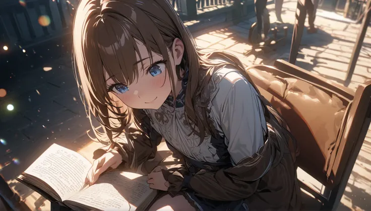 ((ultra-detailed))/ (one girl with long brown hair,beautiful blue eyes,gentle smile on her face,flat chest, one Beautiful girl,((masterpiece, illustration, best quality) ((ultra-detailed))), sitting on her balcony during day time while sitting on a chair a...