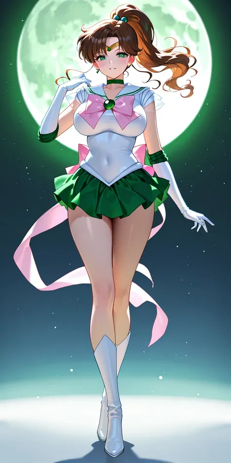 Masterpiece, elegant mature woman, sailor jupiter\(sailor jupiter\), tall body, big breast, white sailor senshi uniform (white sailor senshi uniform shirt, white sailor senshi uniform gauntlets, white sailor senshi uniform skirt, white sailor senshi unifor...