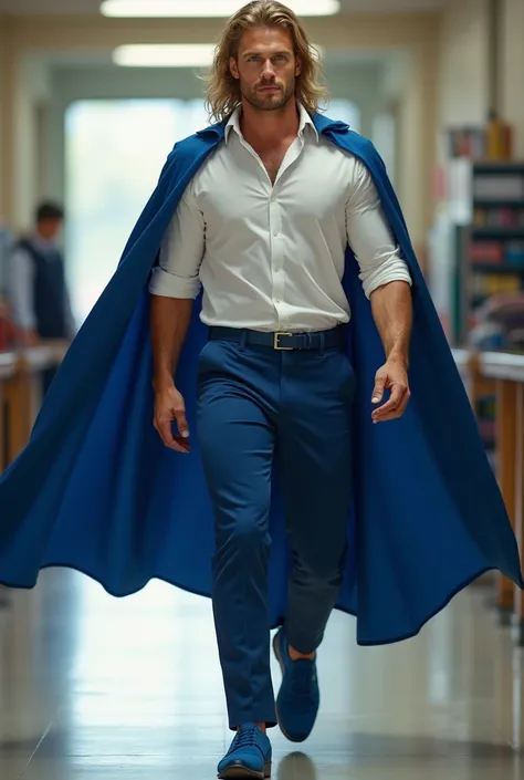 A realistic image of a muscular French man, he has fair skin and long blonde hair. wears a long blue cape, white button-down shirt, blue pants and blue shoes. He is walking around the school.