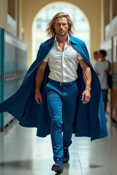 A realistic image of a muscular French man, he has fair skin and long blonde hair. wears a long blue cape, white button-down shirt, blue pants and blue shoes. He is walking around the school.