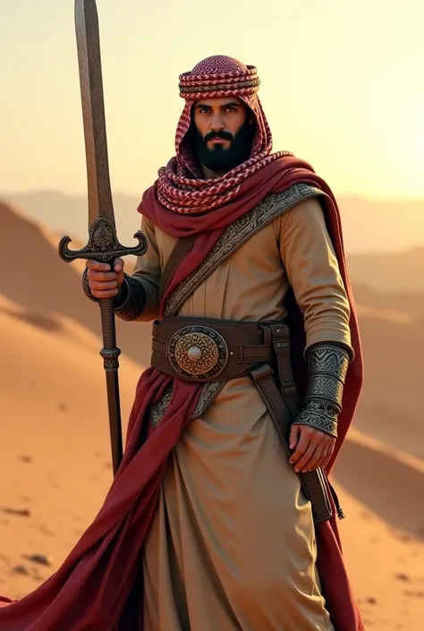 With 3D technology, I want a picture of an Arab warrior with a beard, a turban and a real Damascus Arab sword 