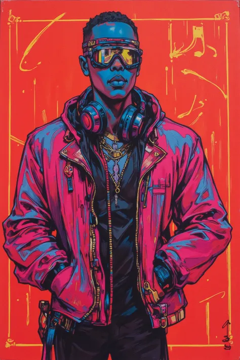   Picture inspired by Kubrick movies ,  pictures of black Detroit techno men , fashion conscious of techno culture ,  neon color（ image of the ） outline of the illustration , sharp outline,high nose,linear eyebrows ,Thick neck, fashion based on metallic co...