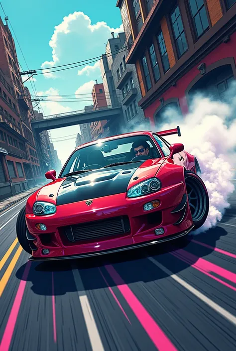 Create a car drifting in a comic form in anime