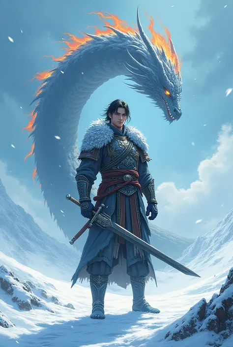 J letter single man warrior avatar in winter like anime around fire dragon. Man looking in front 