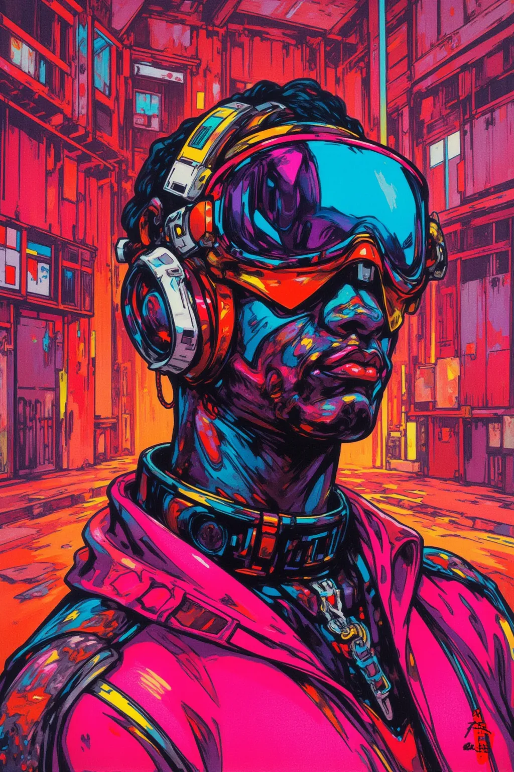   pictures inspired by Kubrick movies ,  pictures of black Detroit techno men , fashion conscious of techno culture ,  neon color（ image of the ） outline of the illustration , sharp outline,high nose,linear eyebrows ,Thick neck, fashion based on metallic c...