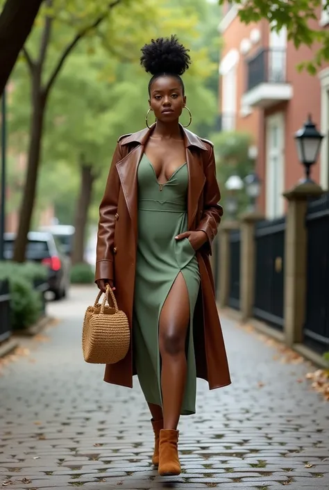 A curvaceous Black woman in a chocolate-brown leather trench coat layered over a sage-green slip dress with a keyhole back, paired with ankle boots in caramel suede. She carries a woven rattan bag, her hair in a low bun with face-framing curls, strolling t...