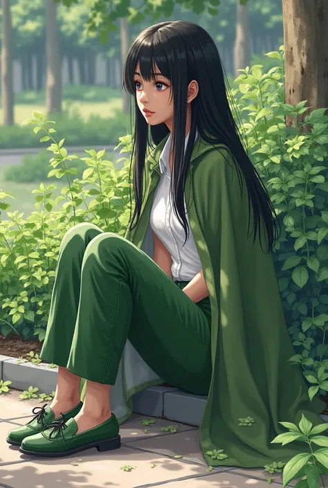 A realistic image of a Japanese woman has small breasts, a thin waist and small hips, dark skin and long black hair. wears a long green cape, white button-down shirt, green pants and green shoes. She is sitting looking at some foliage in the school's flowe...