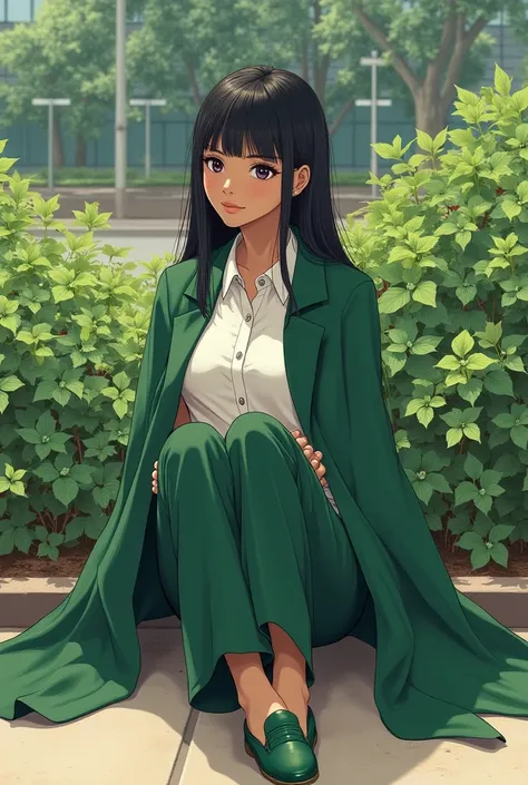 A realistic image of a Japanese woman has small breasts, a thin waist and small hips, dark skin and long black hair. wears a long green cape, white button-down shirt, green pants and green shoes. She is sitting looking at some foliage in the school's flowe...