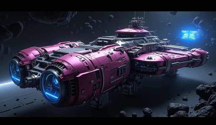  realistically.4K HD:, Spaceship with blue LEDs,  with kilometers in length , Stilho,  USS Gerald R . ford. luxury cruiser-shaped battleship Bismarck , the imposing, metallic pink silver details , a luz  realistically banha seu grossa blindagem, formando s...