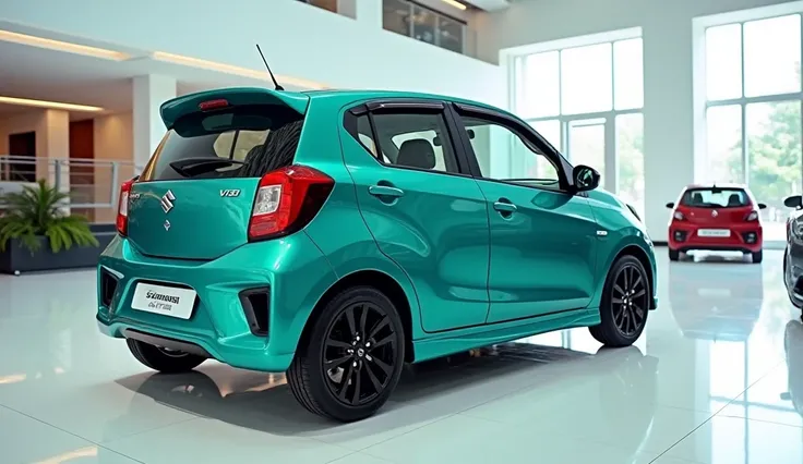 Back Side view of painted teal  with shiny clour 2025 maruti Suzuki alto 800 sleek in large shape sports car  in large size with Suzuki logo on its large detailed grille in shiny white clour with angular sporty design captured from back side view with modi...