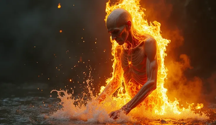 "A gaunt man performing ablution (wudu) with water flowing over his hands and face. His body is emaciated, with visible bones protruding under his skin. Intense flames engulf his entire body, burning fiercely but not consuming him. The scene is highly deta...