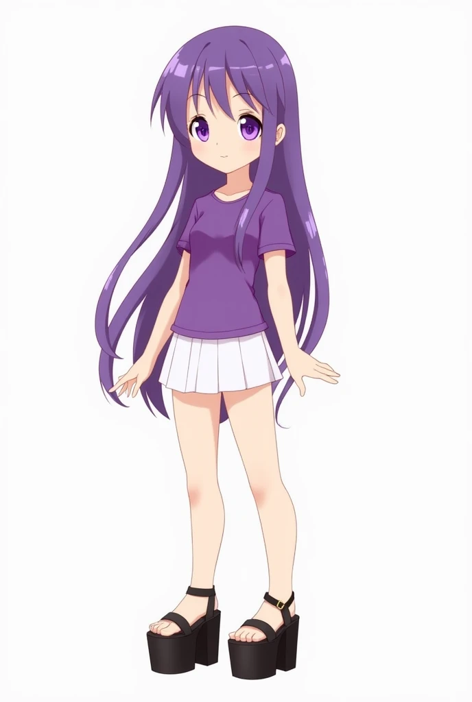 girl,  cartoon style ,  long purple hair ,  purple eyes,  FULL BODY,  standing ,  bare legs , purple t-shirt, White skirt ,  black platform shoe with an ankle strap, It has a thick heel and a front platform . 