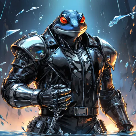 Closeup, Watercolor, digital comic book art style, (masterpiece、highest quality、official art:1.2)、holographic polished Liquid Metal molded into the shape of an extremely badass anthropomorphic holographic polished light blue and  Metal bullfrog completely ...