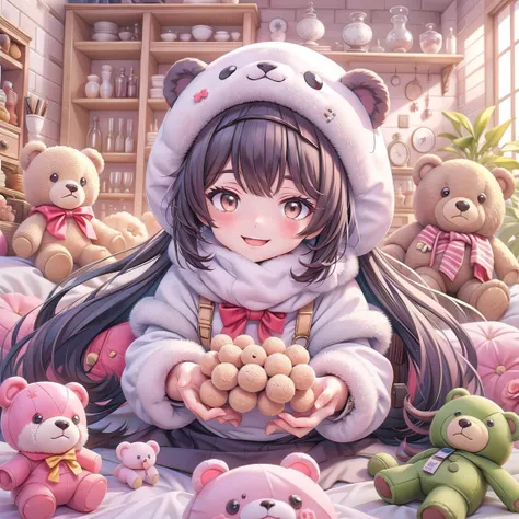 A cute little bear, Eat Octopus balls, smiles, in the room, A whole bunch of teddy bears