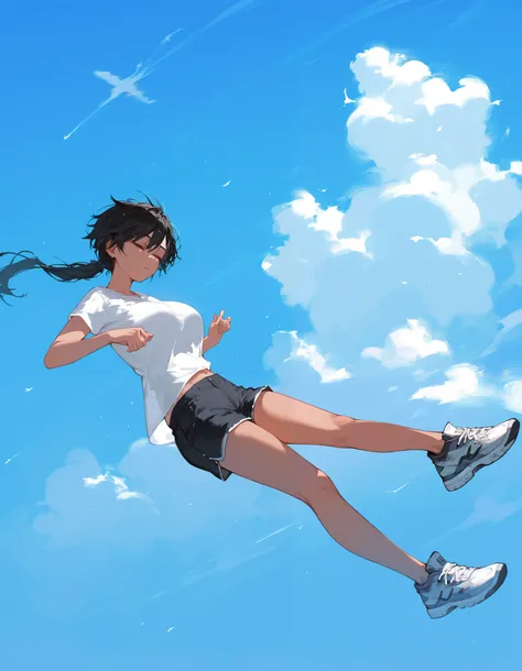 girl,Tanned, in blue eyes, black hair,Tomboy, with big breasts,milf, Slim ,Floating in the sky, White Shirt,Suffering , Shorts ,Being in the sky,sleep, wallpaper ,