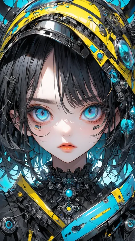    Tim Burton style、  2D ILLUSTRATION   、   girl、    Cyber、 gothic、 future , Cyan、     yellow、 zoom in on the face 、