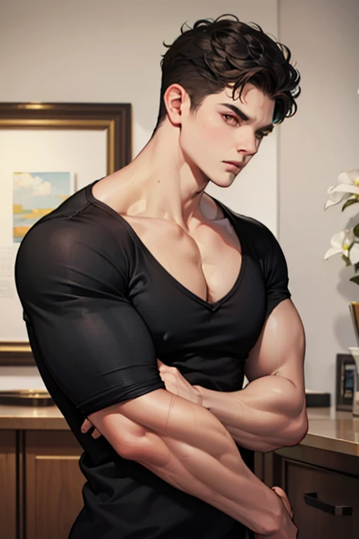  young male , , sharp eyes,  Short Curly Hair ,  black hair,  red eyes, Background in the room, Broad shoulders and sluggish muscles.  black shirt