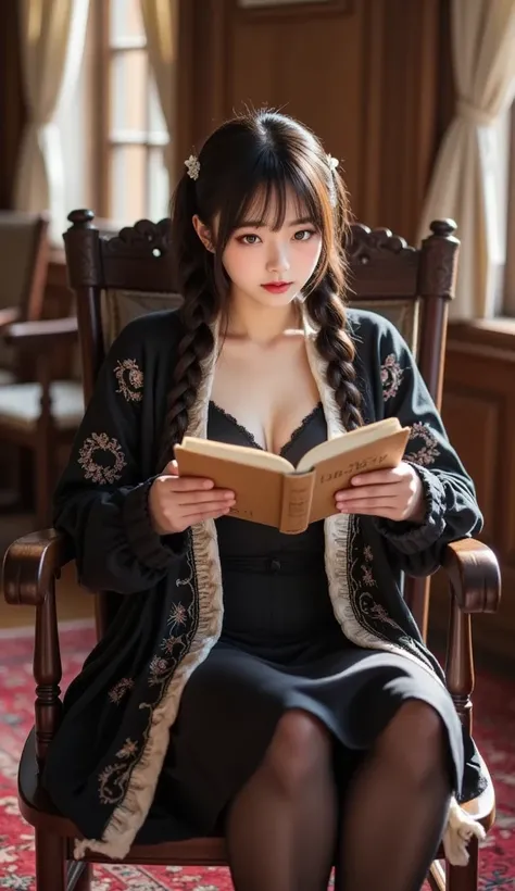 A half-realistic, half-illustrative picture.
The photo shows a full-body shot of one woman reading one book and sitting comfortably in a dark antique rocking chair in a dark antique living room with a deep carpet and a sunset shining through it.
Her beauti...