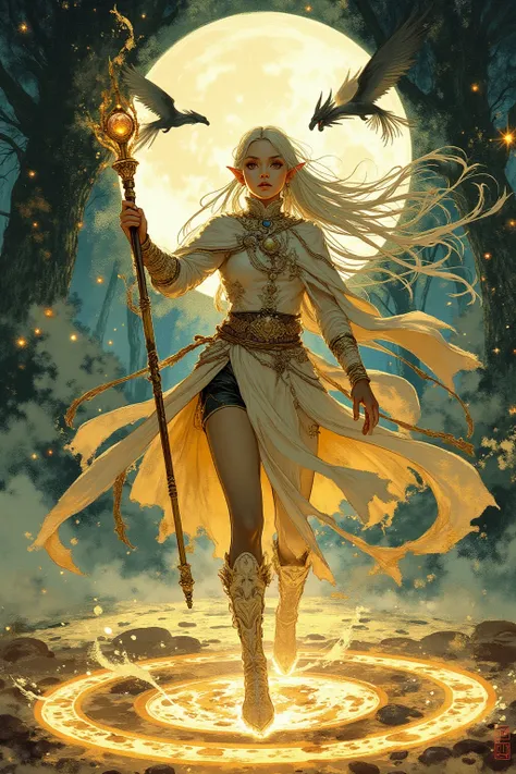 A Female elf. long hair, narrow eyes, pointy ears, earrings, correct hand and fingers, collared capelet with long sleeves, Costumes with intricate and elaborate decorations, skirt, pantyhose, boots, standing on the glowing magic circle with runes, holding ...