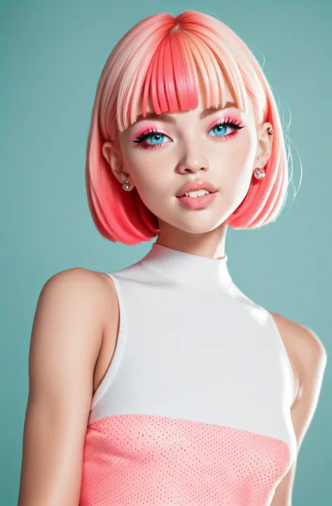 1 girl, young. Non-human female creature. Thin body, pear shaped body. Pale skin, thin rounded face. Almond eyes, thin eyebrows, small nose, full and round lips, sharp teeth. Short hair, straight hair, jaw-length hair, symmetrical blunt bob cut, straight b...