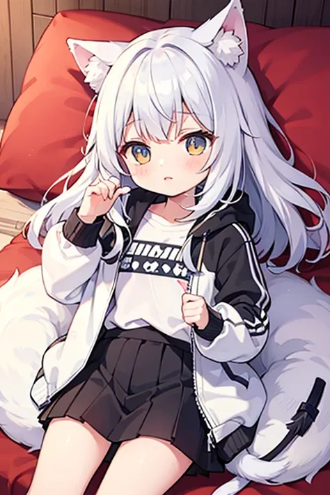 Cute Loli with cat ears white color wolf tail white color wearing jacket 