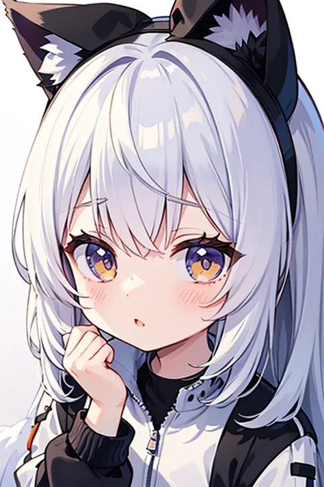 Cute Loli with cat ears white color wolf tail white color wearing jacket 