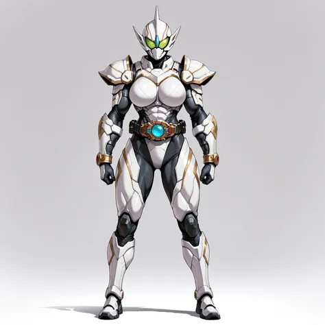 Top quality, full body, standing, from front,looking at viewer, white background. no human features,An Alien-like female humanoid monster,large breasts,muscular,non-human features,no human face,fully Alien,chitinous armor, rider belt