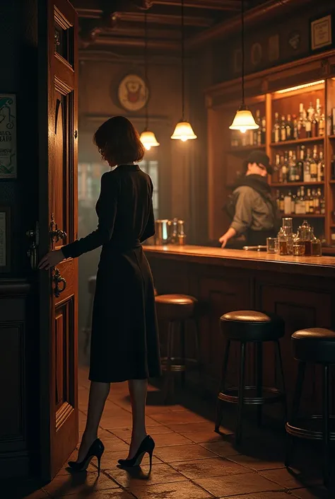 Woman checking in an old bar 