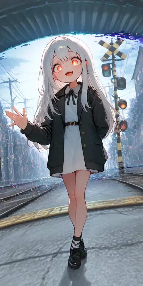 1girl,street lights, neon-color black light, tilt dutch angle,,fisheye-lens, (glitchy noise), waving hand big bye-bye,(multicolor glitch,glitch,neon:1.3), overly detailed pupils,glowing,chromatic aberration,railroad crossing,distorted, glitchy noisy train,...