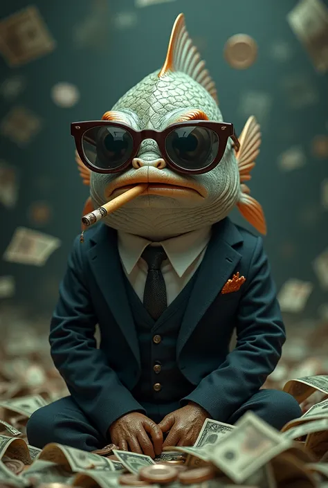 Perch fish scammer , swimming in money and smoking a cigarette in a suit and thieves glasses 