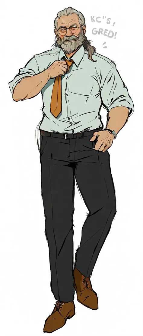 Picture of a man loosening his tie with his hands、Comes with a beard and necktie, muscle grandpa,  full body portrait of a short!, bulge,  full body character drawing with beard and necktie,  full body illustration,  full body,   single character full body...