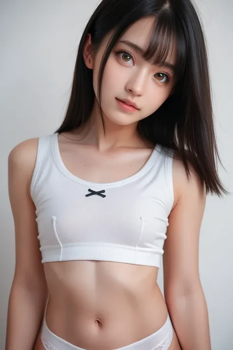  top quality,   Supernatural、２Frame break、 Japanese、(( cute middle school girl))、Medium black hair、 brown eyes、(( small tits))、A girl in a sailor and a girl in a white tank top bra and panties