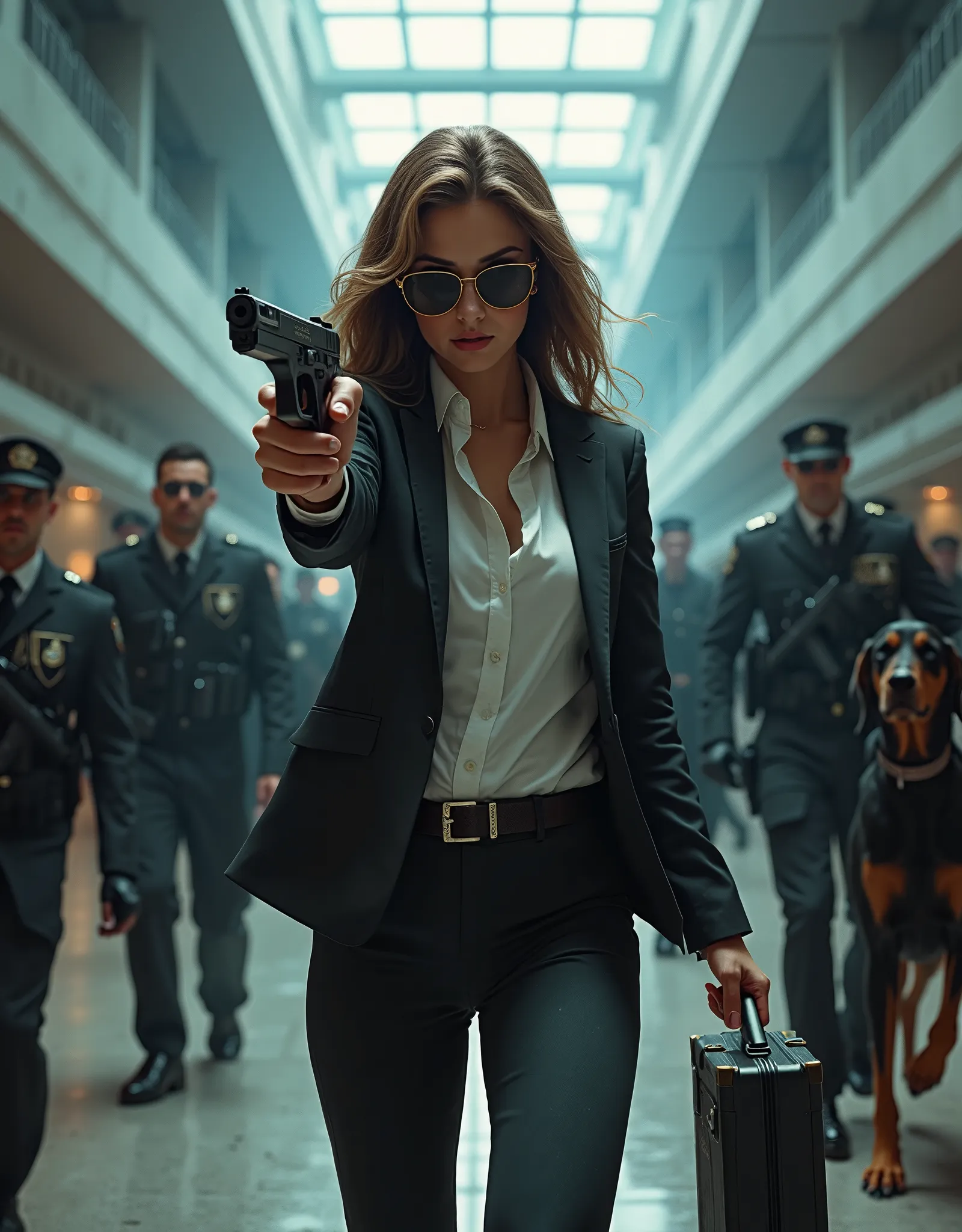 masterpiece, best quality, highres, highly detailed, 4k, 1girl, late-twenties adult female, briefcase, finger on trigger, gun, handgun, holding, holding gun, holding weapon, lens flare, pants, pistol, low heel shoes, sig sauer, sunglasses, trigger discipli...