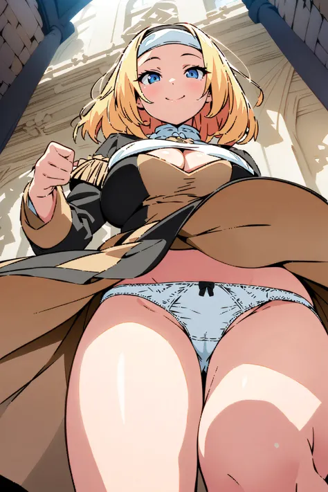 ( Masterpiece),( top quality),(ultra detailed),( highres),2D, anime, ( Anime art), lineart , watercolor,loli,1 girl,smile,(blonde hair),cleavage, (mega breasts),(nun:1.6),(monastery uniform:1.6),(crouching),(panties),(from below)
