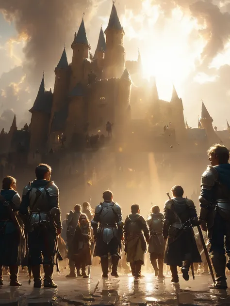 town, background castle ,fantasy world,bar, a lot of people, a boy in the middle of the road ,armor,sword, with his back looking at the castle,Arrival of the hero , houses on the sides , warm lighting coming out of side buildings,Panoramica , perspective, ...