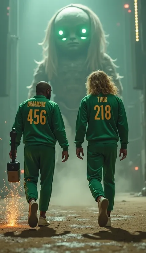 Iron Man and Thor are participating in a Squid Game-inspired competition, both dressed in green Squid Game tracksuits with unique player numbers. Iron Man wears number 456, his arc reactor faintly glowing beneath the fabric, while Thor wears number 218, gr...