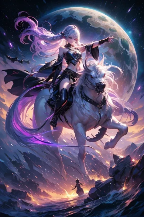 highest quality、Masterpiece、Official Art、Award-winning works、The best composition、A couple, a man and a woman, are riding on the back of a White Dragon.、Picture facing the viewer、god々Shii、yinji, 1girl ,Alone, purple eyes, long hair, twin braids, purple hai...