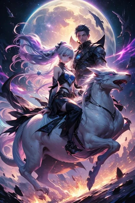 highest quality、Masterpiece、Official Art、Award-winning works、The best composition、A couple, a man and a woman, are riding on the back of a White Dragon.、Picture facing the viewer、god々Shii、yinji, 1girl ,Alone, purple eyes, long hair, twin braids, purple hai...