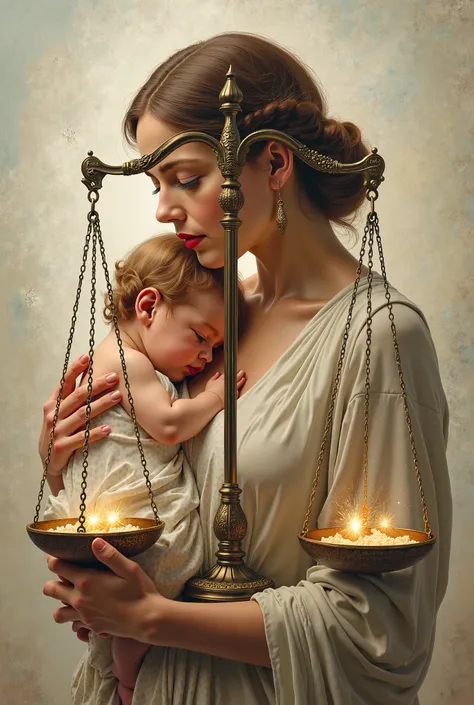 Generate an artistic inspirational image of a mother with her baby, mother holding a scale on which one side a text written food and other side is written health, solid artistic background. 