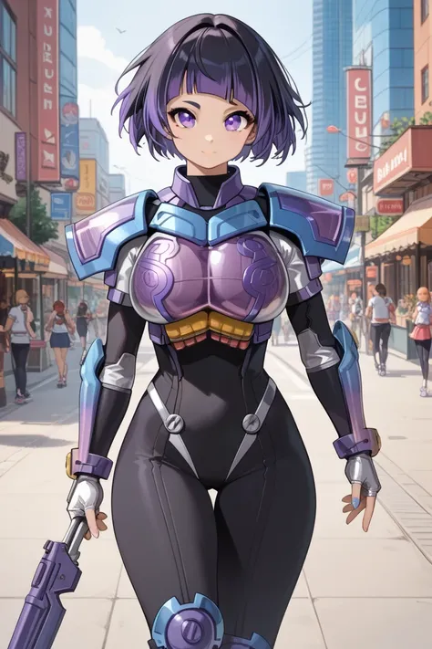 kamen rider gavv, gummy, armor, girl, anime girl form, short hair, black body suit, super super big breasts, ubreasonable breasts, 3 color hair, loli, 1m0, short legs, big eye, purple transparent armor, somersault