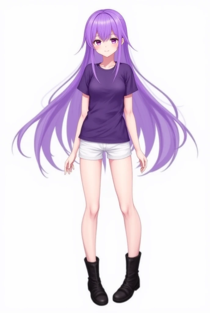  anime female character ,  long purple hair ,  purple eyes,  FULL BODY,  standing ,  bare legs , purple t-shirt, white shorts, beauty black booties