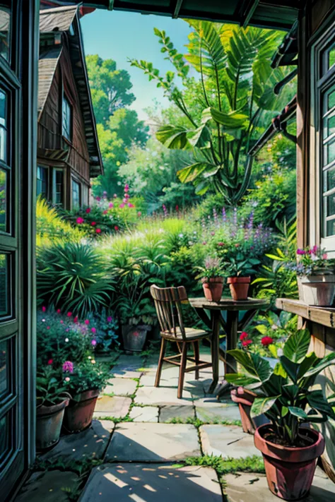 a painting of a patio with a table, chairs, and potted plants, beautiful terrace, cute style garden, flowery cottage, beatiful house, with colorful flowers and plants, beautiful garden, green terrace, lush chic garden, lush flowery outdoors, outdoor design...