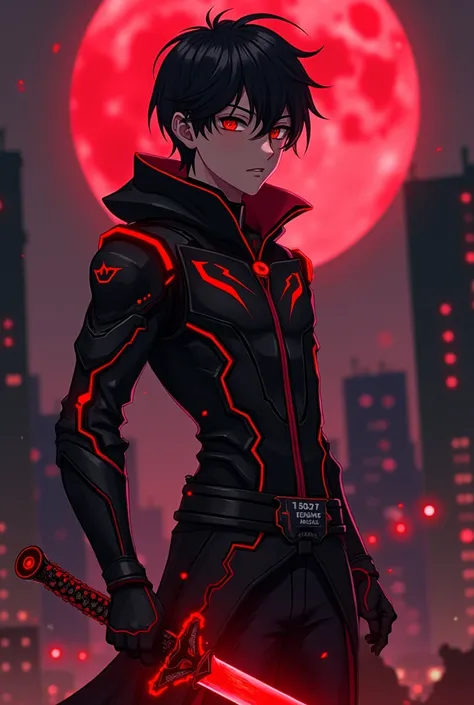 "A young male anime character, around , with black messy hair and sharp red eyes, giving off a mysterious yet deadly aura. He wears a high-tech, black and red combat uniform with glowing energy patterns, similar to Solo Leveling's hunter outfits but with a...