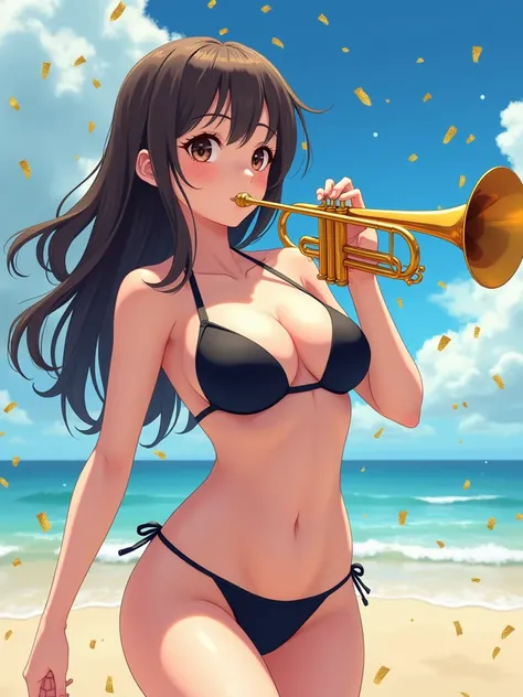  vista desde arriba .   Create only anime girl anime style  , ( playing trumpet), (  dynamic posture  ), (}  bikini black  ),   voluminous and curved body shapes  /(  dark brown hair , Smooth and elegant hairstyle  /)  chelka ,   puffy cheeks ( slightly op...