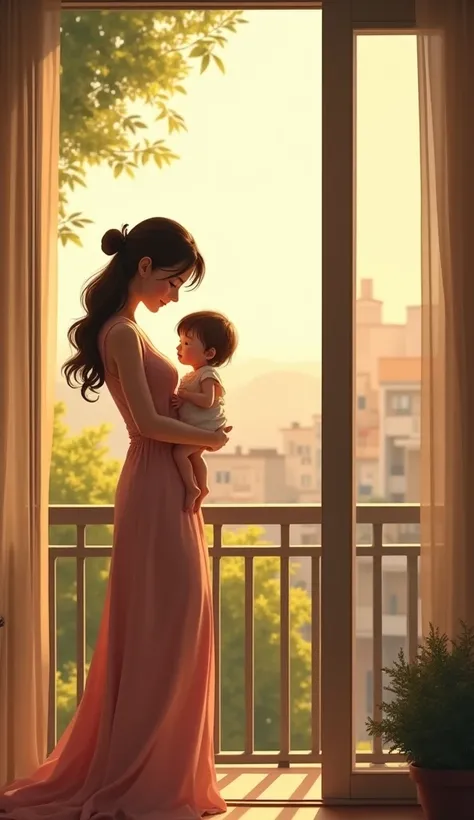 A lady walk in his home balcony with his baby girl 