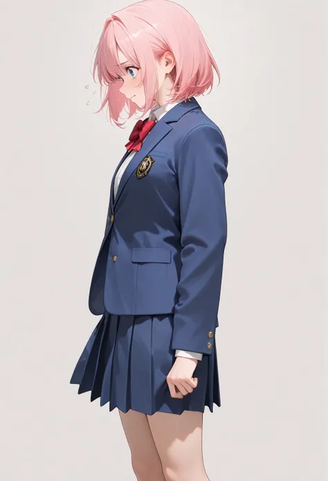 , side shot 、 bob hair,   simple white background,     pink hair ,  Navy blue jacket、  Full body shot

students、  high school uniform 、  front shot 、
Brighten Your Face,Nervous profile,Now that's a different expression.