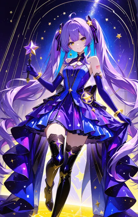 1girl,stardust_vocaloid,solo, purple hair,Xingchen Infinity,ransparent_background, 1girl, full_body, dress, long_hair, gloves, elbow_gloves, blue_dress, thighhighs, solo, star_(symbol), very_long_hair, thigh_boots, yellow_eyes, blue_gloves, smile, looking_...