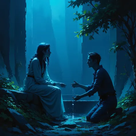 A silhouette of a pale woman with long dark wavy hair and a pure white dress, sitting on a rock, looking up, next to a (water well), handing water to a kneeling man, ((faces are in shadow)), thick mist, ((((deep dark sapphire blue color)))), at night, dark...