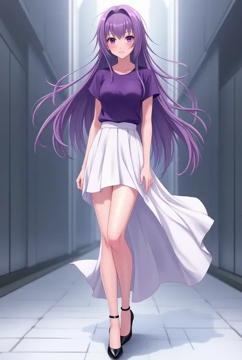  anime female character ,  long purple hair ,  purple eyes,  FULL BODY,  standing ,  bare legs , purple t-shirt, White skirt ,  Black High Heels 