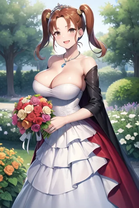  masterpiece,  top quality,  Hi-Res,  twin tails, brown hair at the gym,Big Breasts, cleavage, big breasts, Big Firm Shaking Bust , Colorful Tiaras,  Long Wedding Dress with Intricate Structure ,  Colorful Long Wedding Dress ,   Ruffle See-through Long Wed...